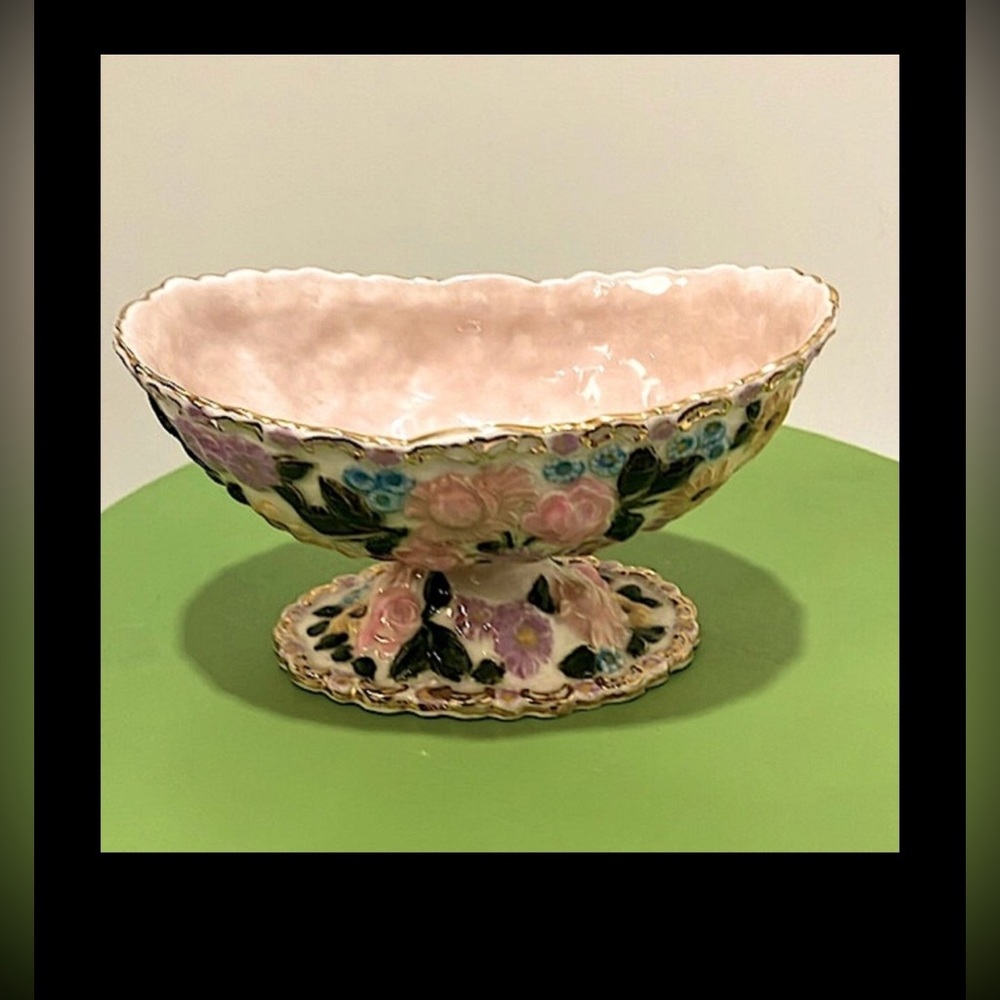 Vintage Hand Painted Relief style Floral Ceramic Candy Bowl with 24K Gold trim